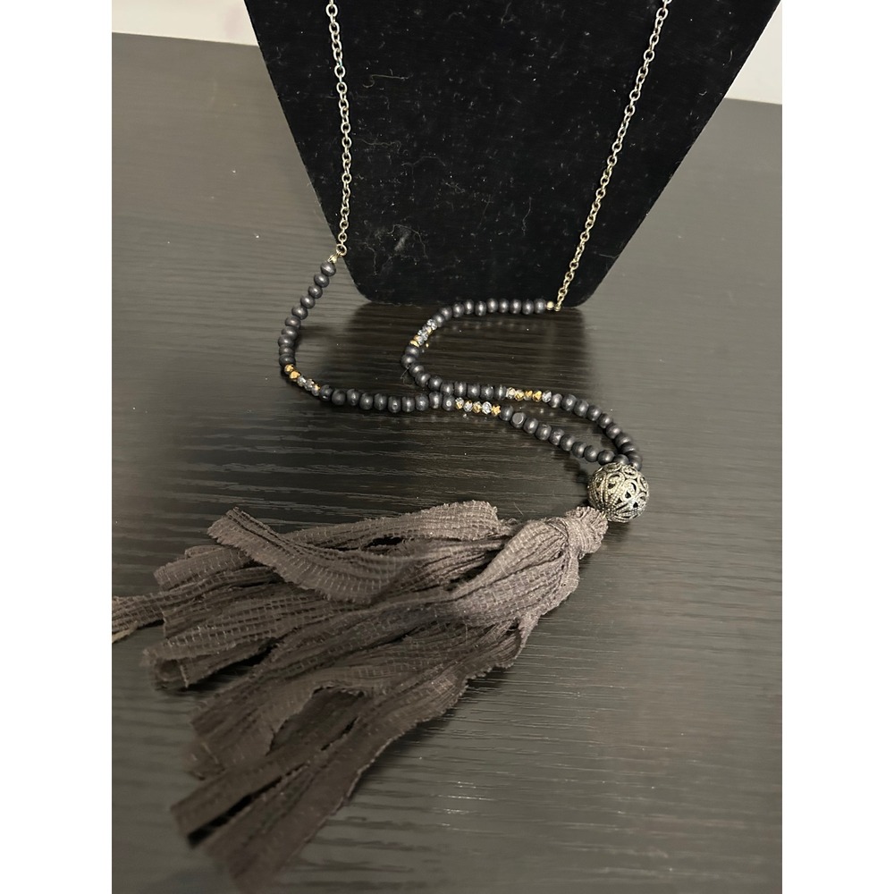 Boho Long Tassel Necklace Grey‎ Beaded Silver Tone Chain Filigree Accessory